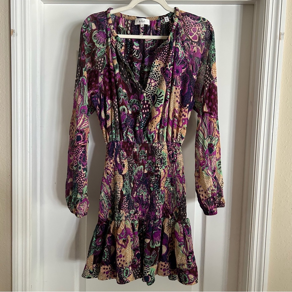 A.L.C. Callie Floral Shirred Long Sleeve Mini Dress Orchid Multi NWOT